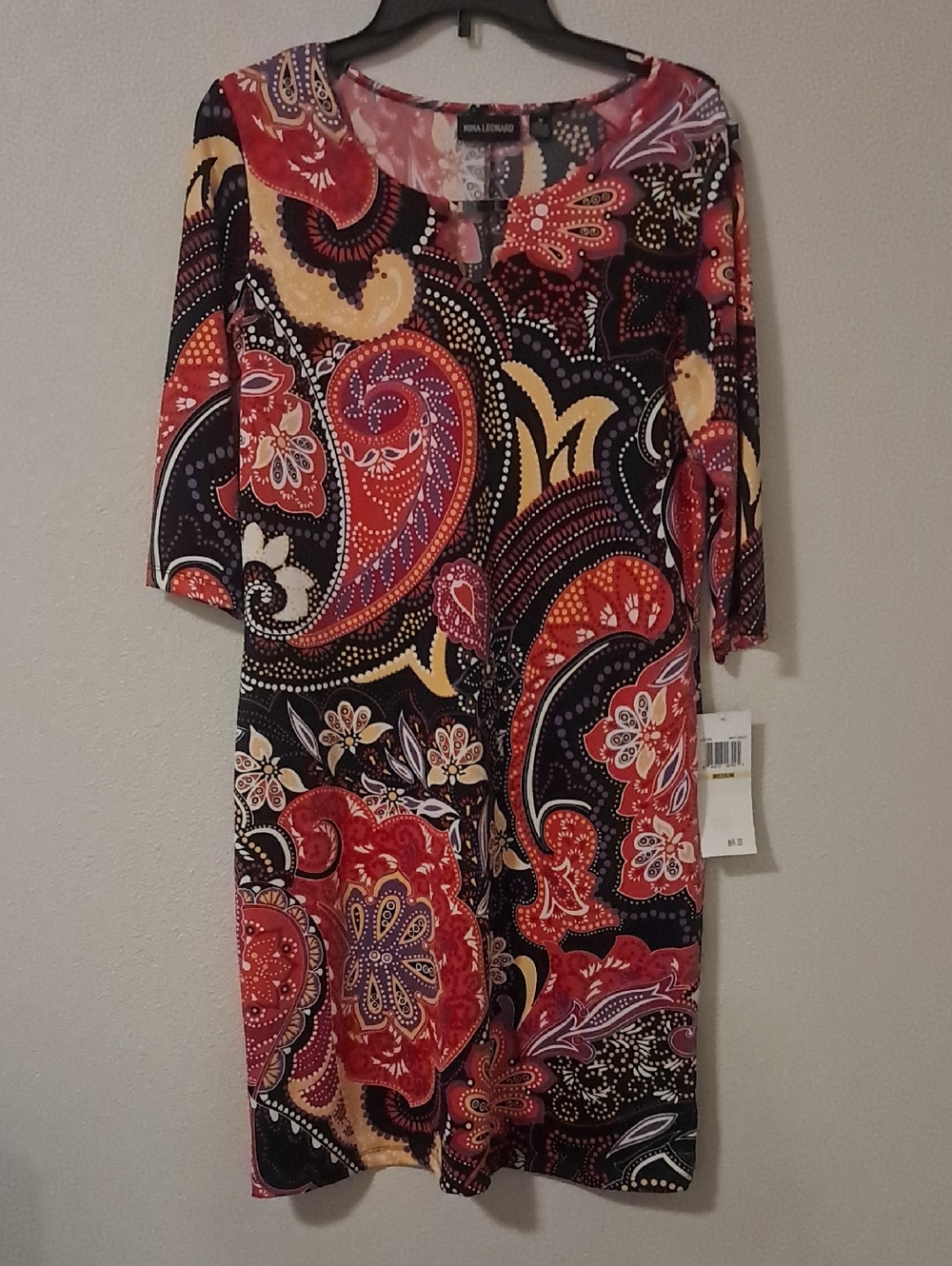 Nina Leonard NWT 😍 Red and Black Paisley Midi Dress with Yellow Accents
